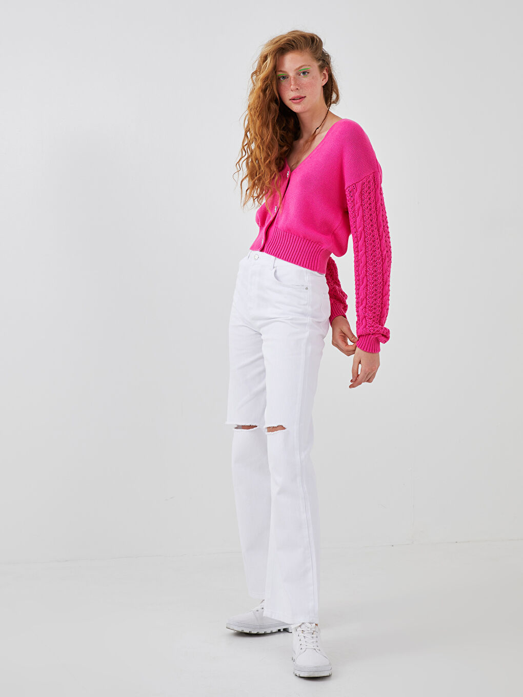 Fuşya V Yaka Kendinden Desenli Uzun Kollu Kadın Triko Hırka-4