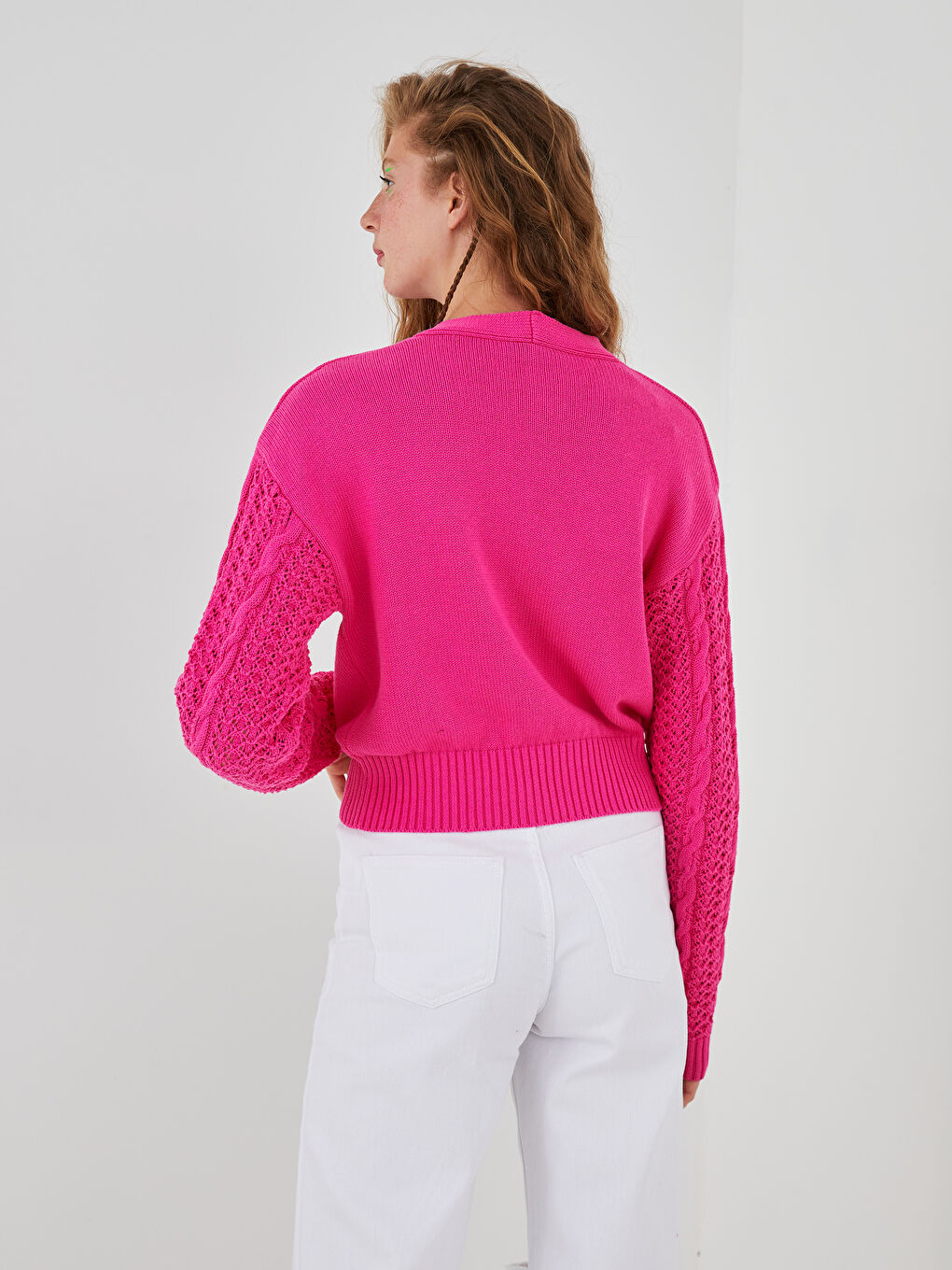 Fuşya V Yaka Kendinden Desenli Uzun Kollu Kadın Triko Hırka-5