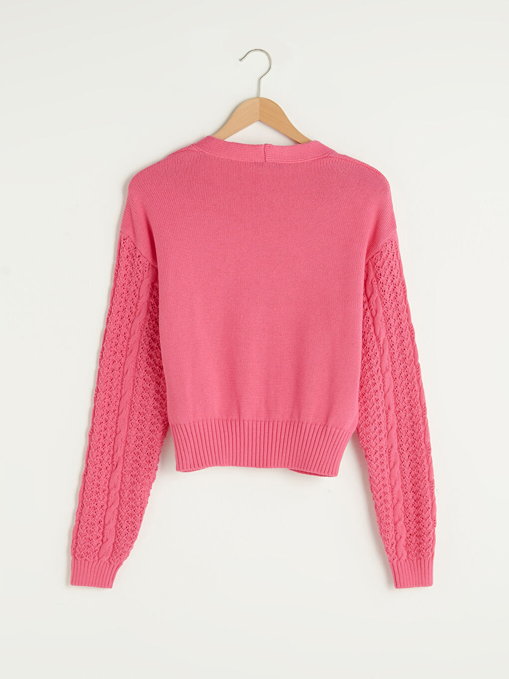 Fuşya V Yaka Kendinden Desenli Uzun Kollu Kadın Triko Hırka-8