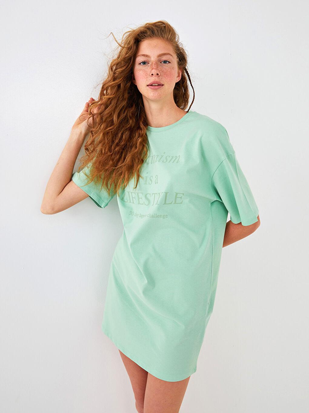 Yeşil Bisiklet Yaka Baskılı Kısa Kollu Kadın Elbise