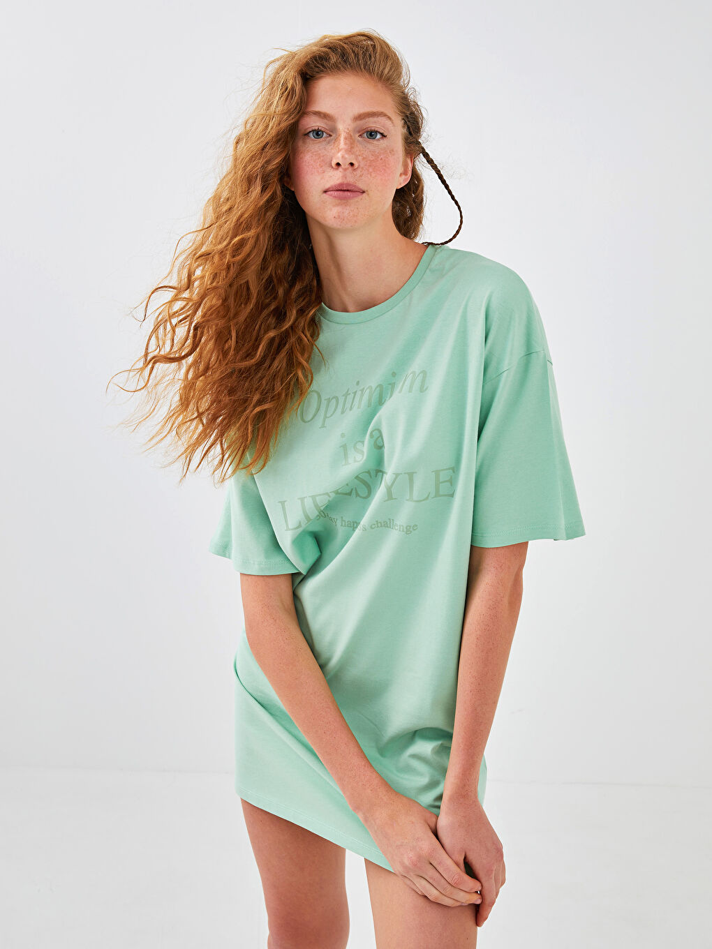 Yeşil Bisiklet Yaka Baskılı Kısa Kollu Kadın Elbise-1