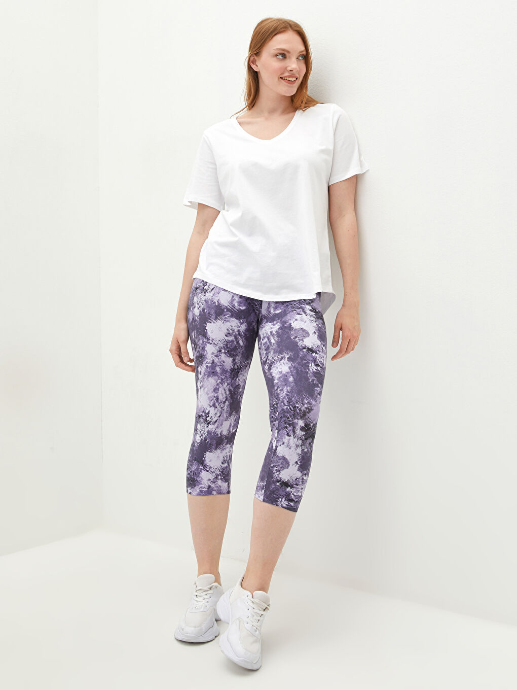 Mor Beli Lastikli Desenli Kadın Spor Tayt-1