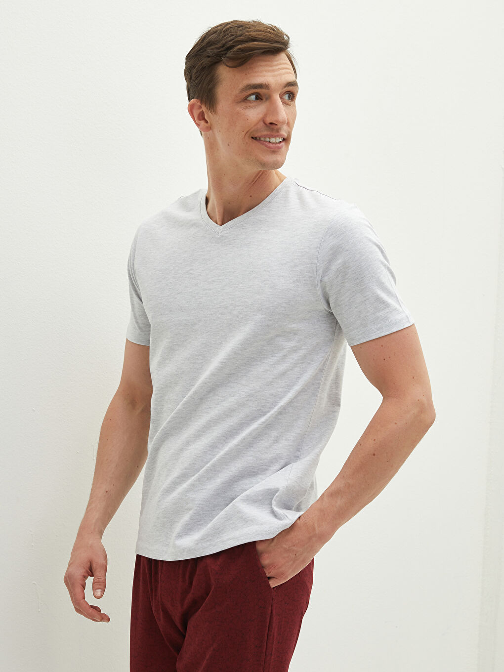 Gri V Yaka Kısa Kollu Pamuklu Erkek Atlet-1