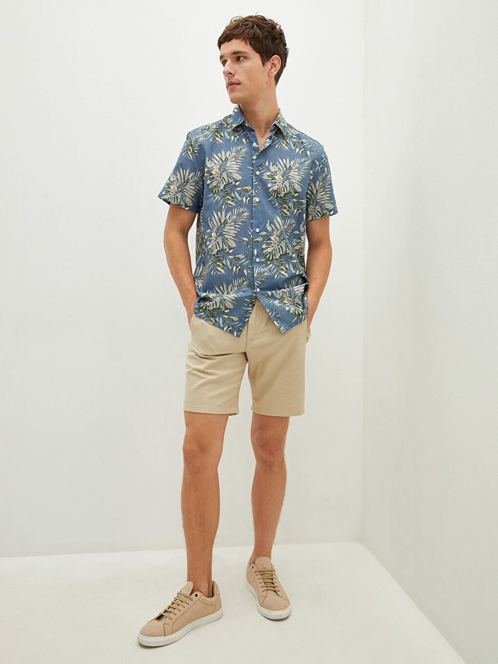 Regular Fit Short Sleeve Patterned Poplin Men's Shirt-3