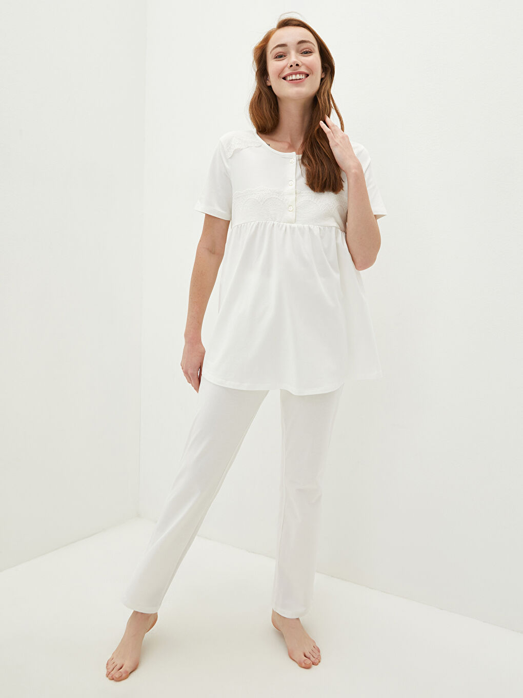Crew Neck Lace Detailed Short Sleeve Maternity Pajamas Set -S1IN05Z8-FDU
