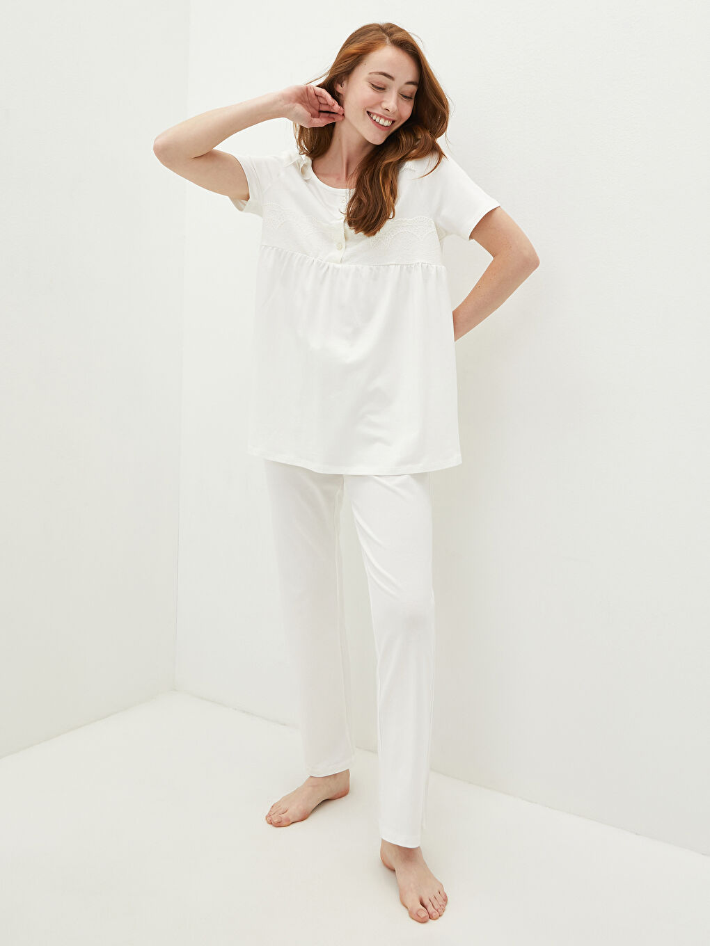 Crew Neck Lace Detailed Short Sleeve Maternity Pajamas Set -S1IN05Z8-FDU