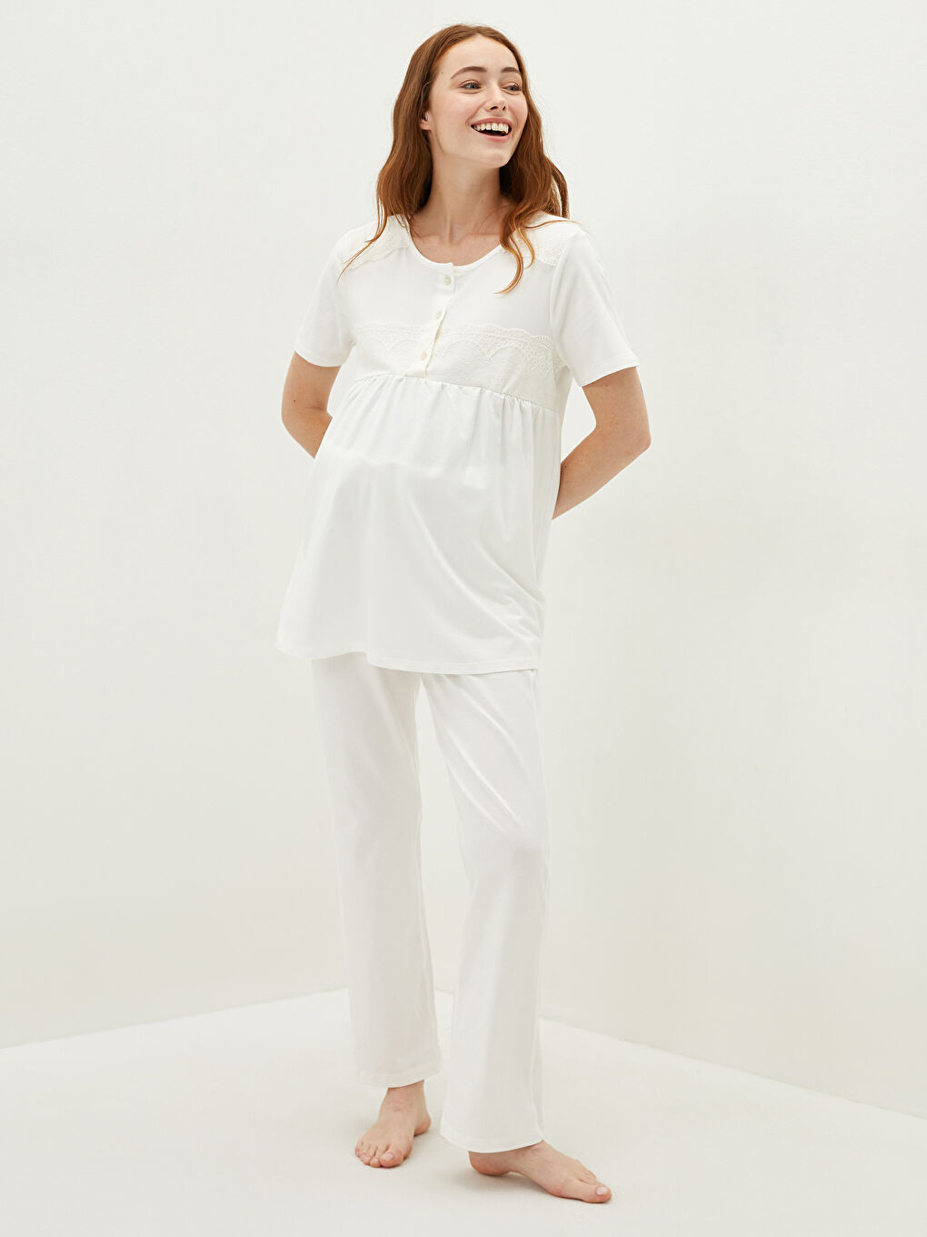 Crew Neck Lace Detailed Short Sleeve Maternity Pajamas Set -S1IN05Z8-FDU
