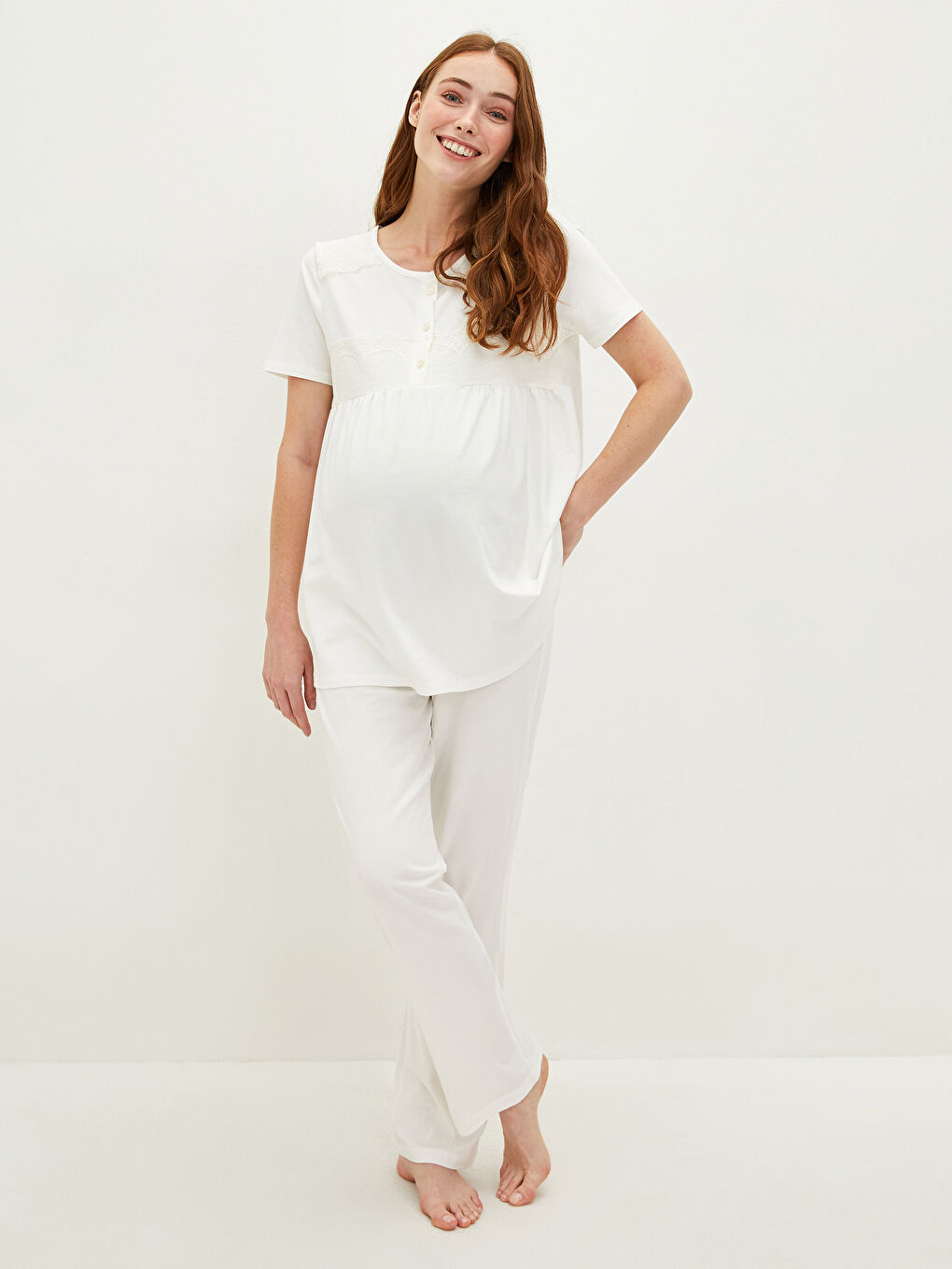 Crew Neck Lace Detailed Short Sleeve Maternity Pajamas Set -S1IN05Z8-FDU