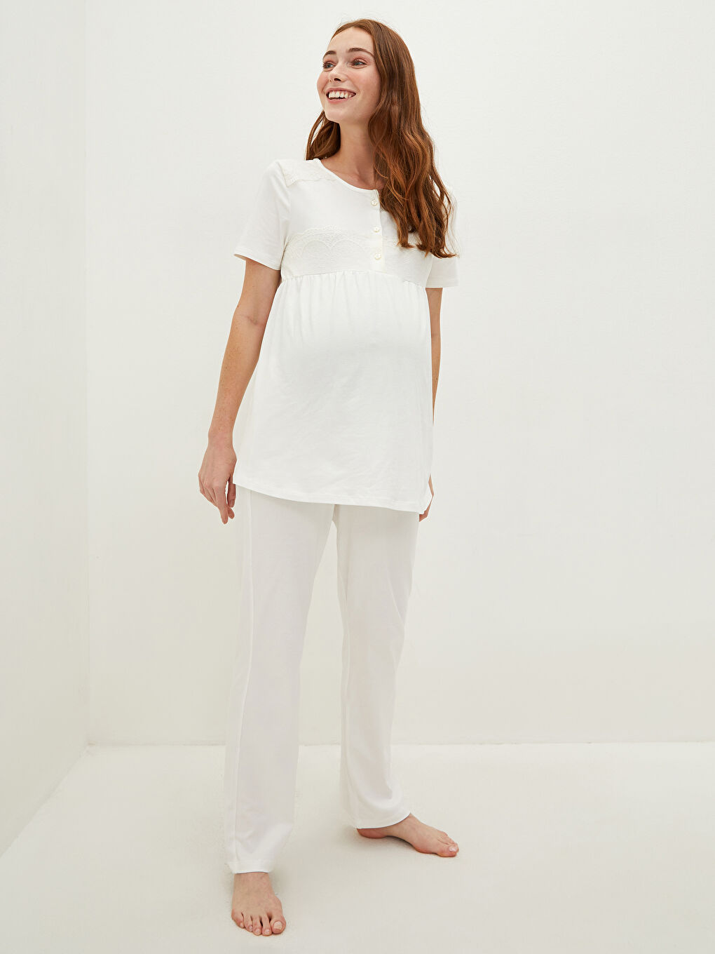 Crew Neck Lace Detailed Short Sleeve Maternity Pajamas Set -S1IN05Z8-FDU