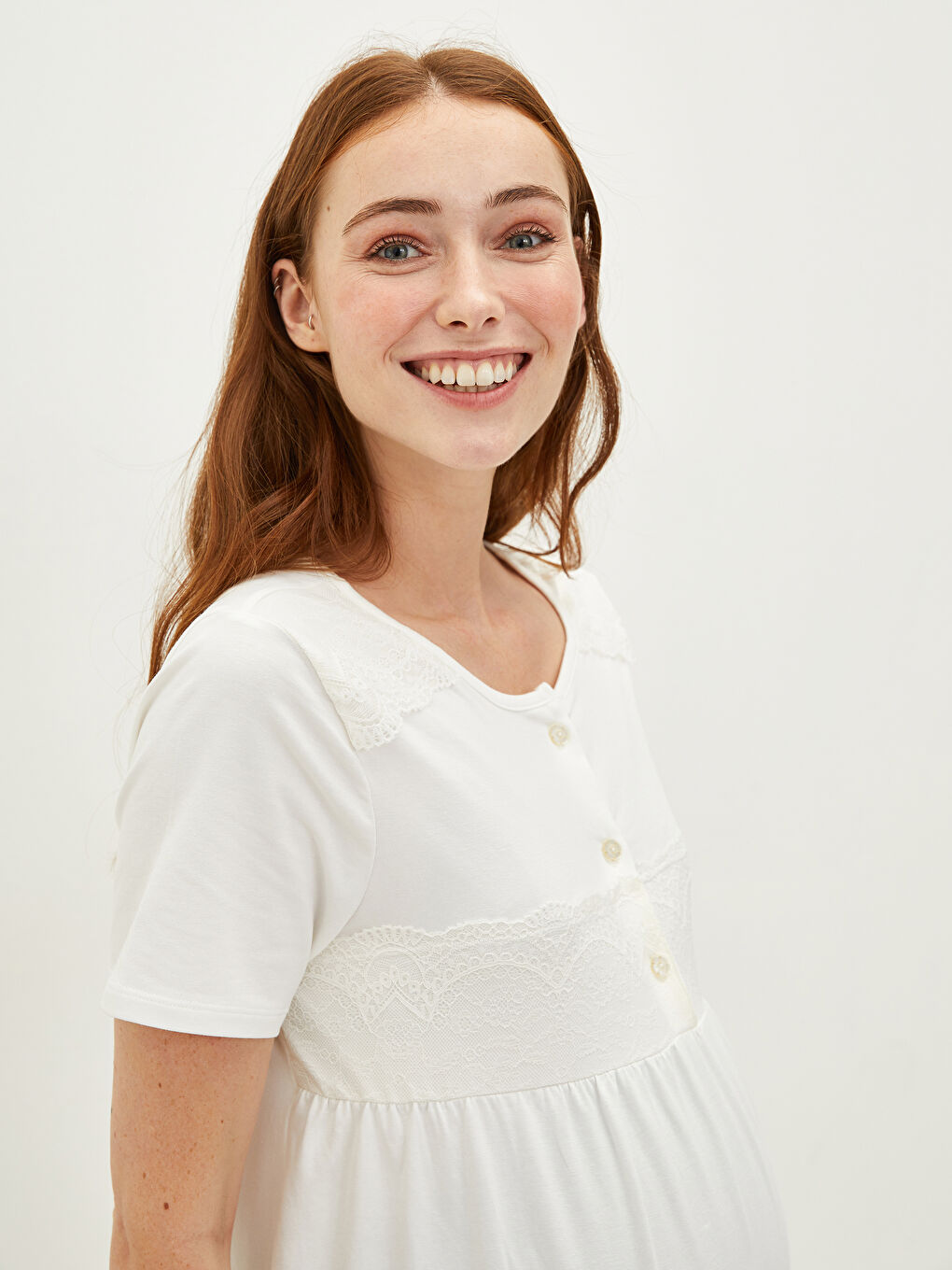 Crew Neck Lace Detailed Short Sleeve Maternity Pajamas Set -S1IN05Z8-FDU