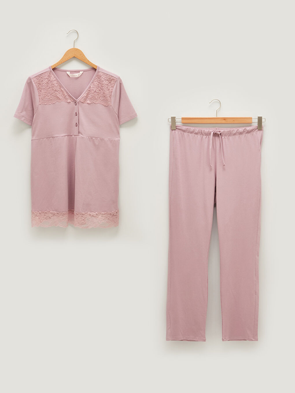 Set Pijama Gravide cu Mânecă Scurtă și Dantelă cu Decolteu în V-16