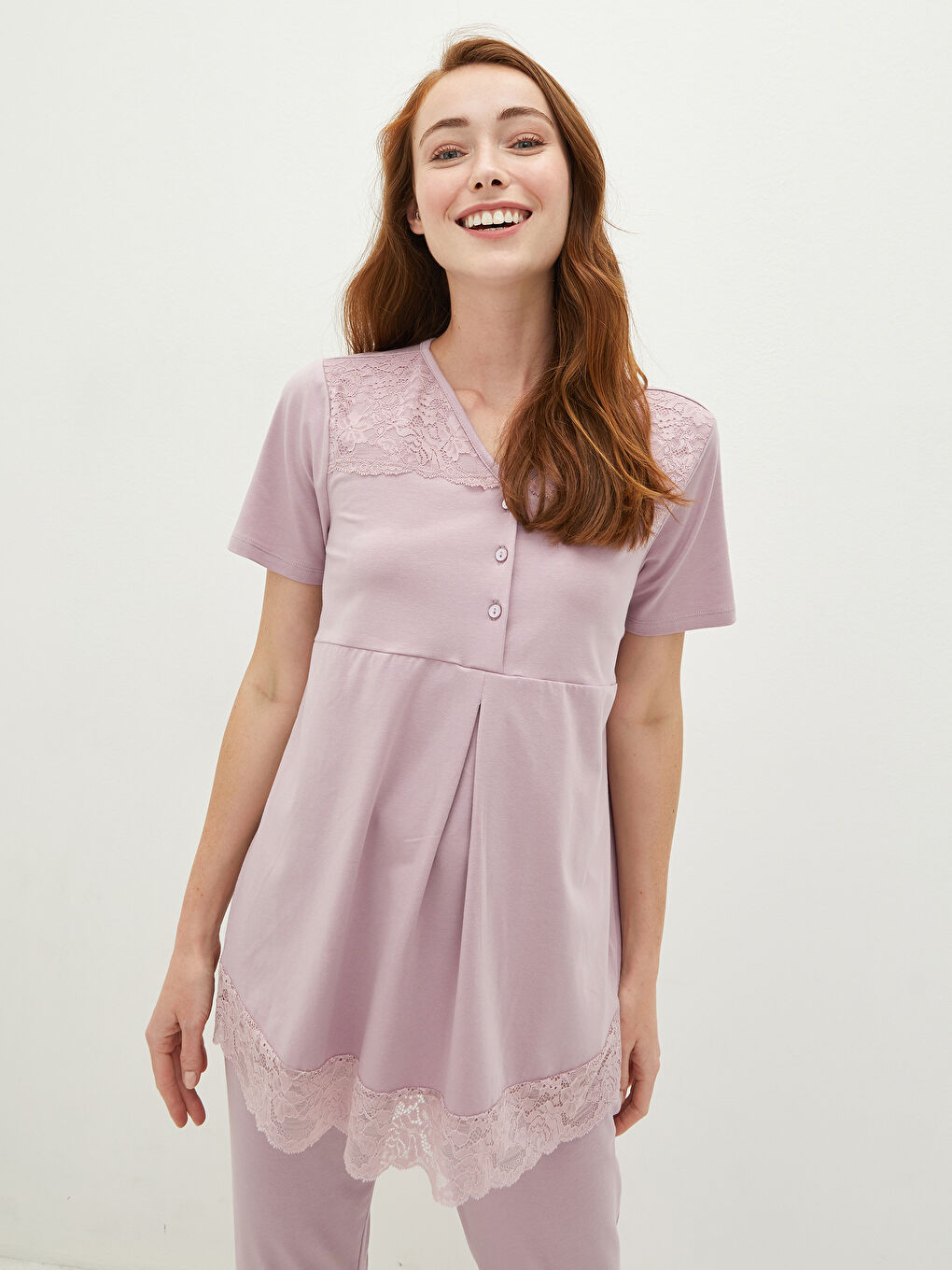 Set Pijama Gravide cu Mânecă Scurtă și Dantelă cu Decolteu în V-12