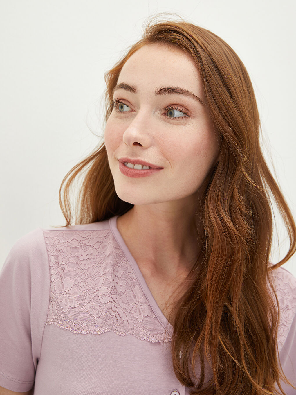 Set Pijama Gravide cu Mânecă Scurtă și Dantelă cu Decolteu în V-14