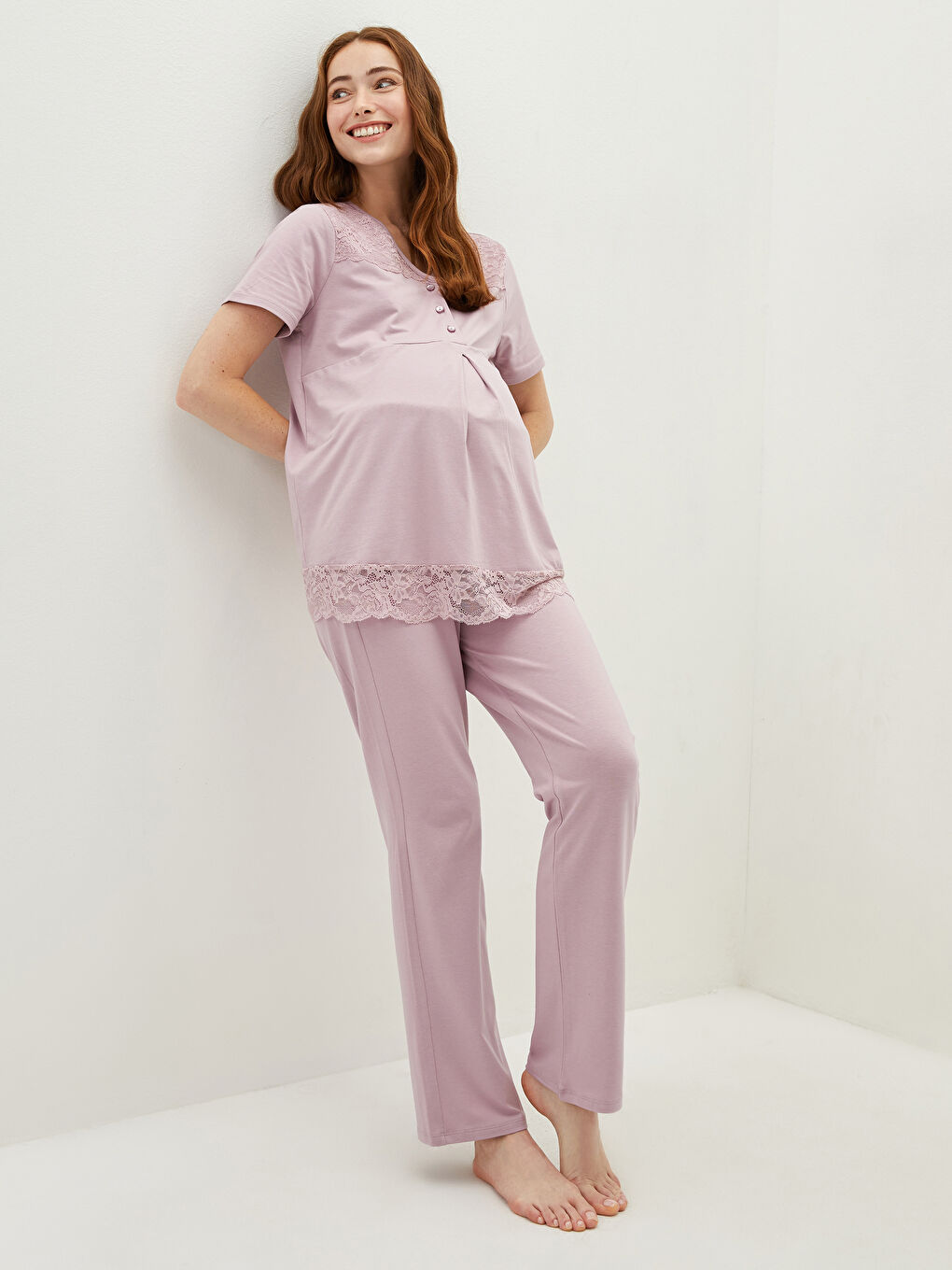 Set Pijama Gravide cu Mânecă Scurtă și Dantelă cu Decolteu în V-1