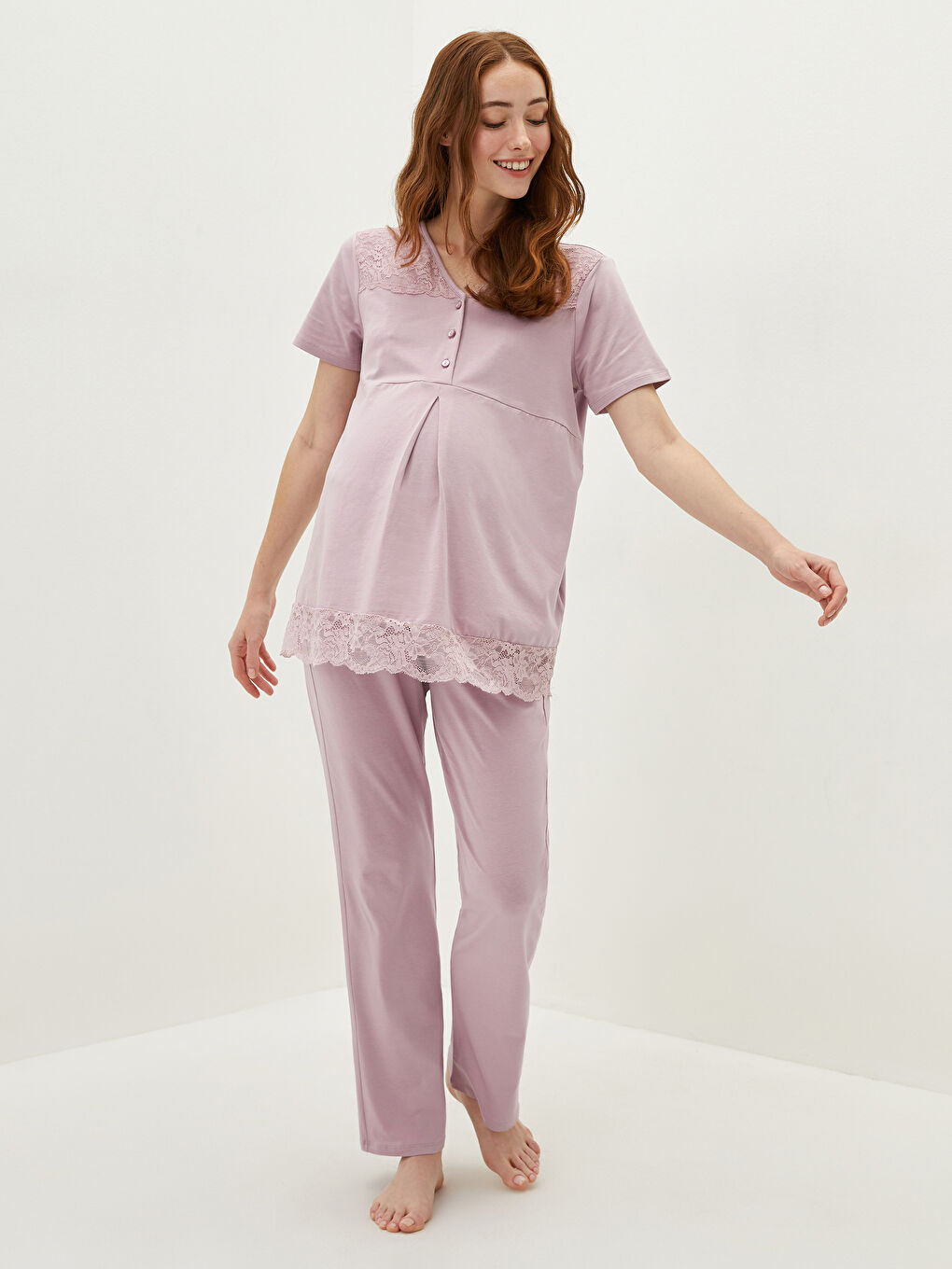 Set Pijama Gravide cu Mânecă Scurtă și Dantelă cu Decolteu în V-4