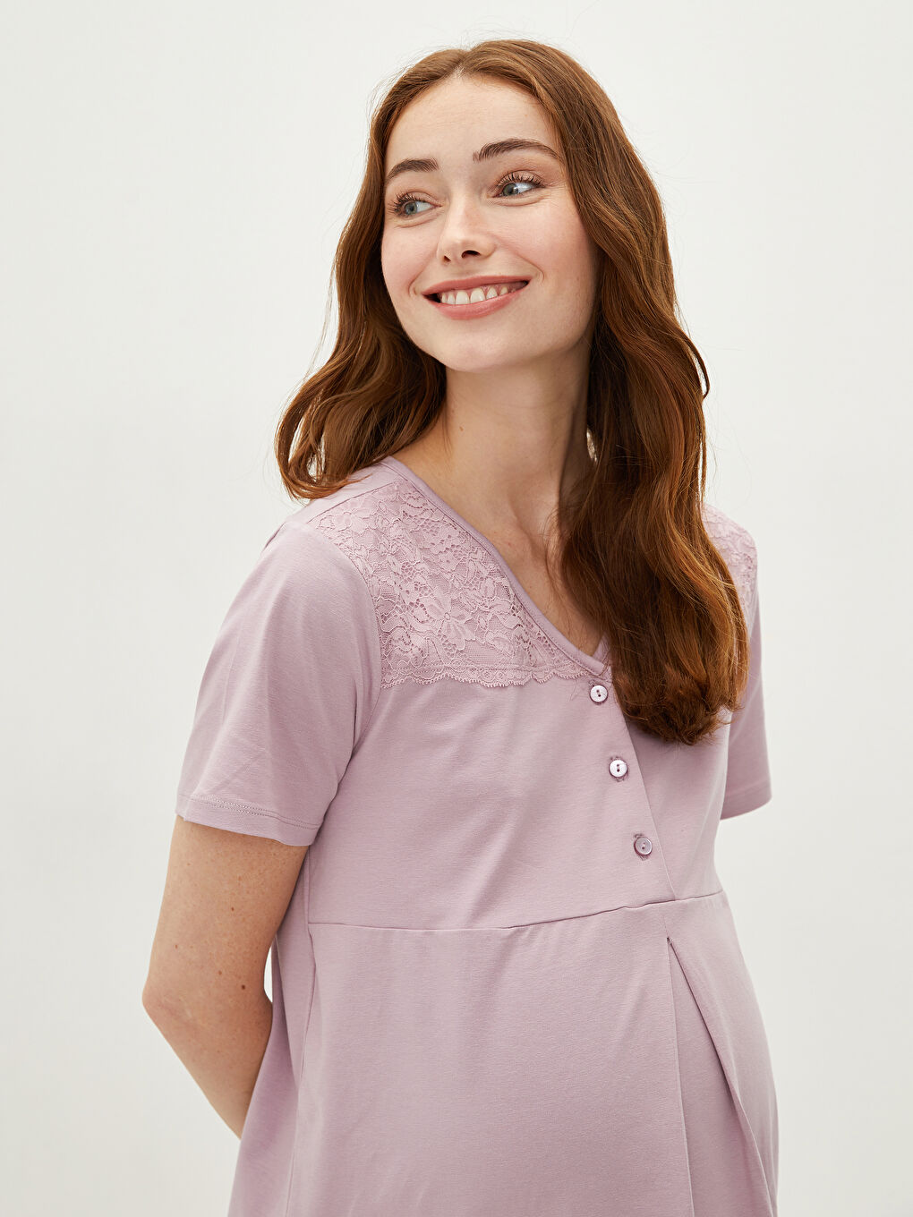 Set Pijama Gravide cu Mânecă Scurtă și Dantelă cu Decolteu în V-10