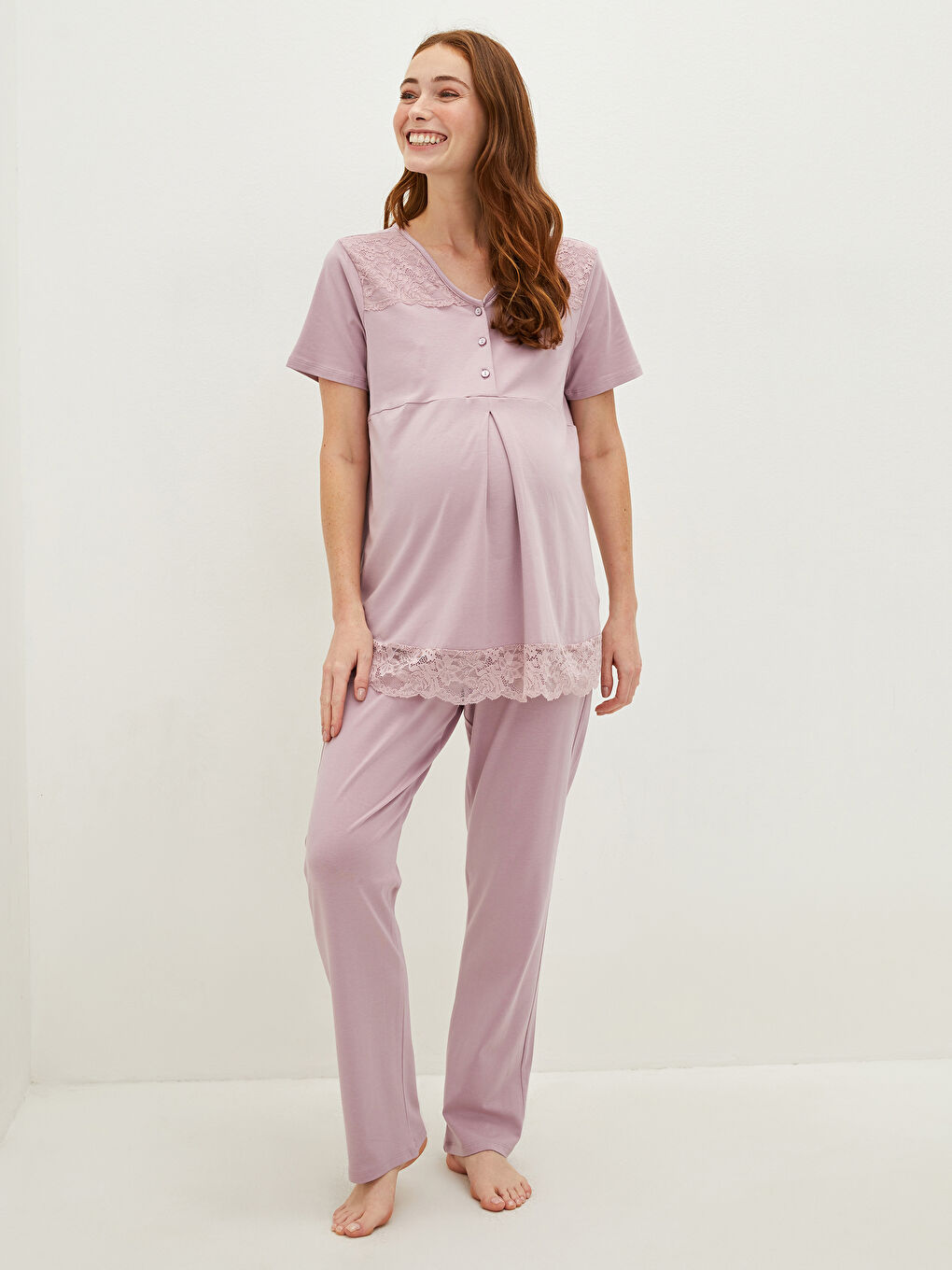 Set Pijama Gravide cu Mânecă Scurtă și Dantelă cu Decolteu în V-3