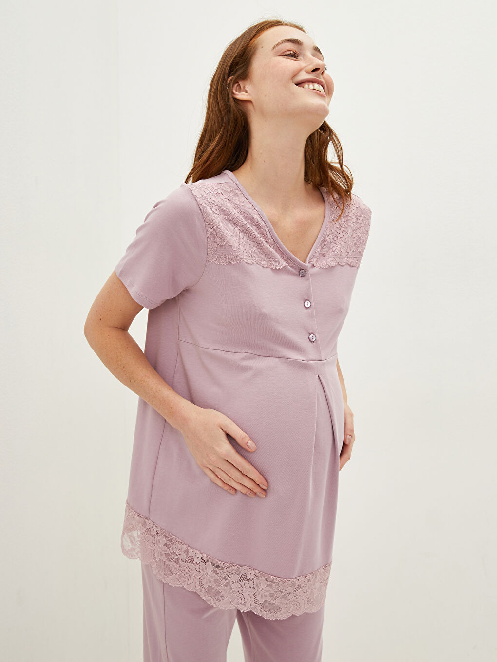 Set Pijama Gravide cu Mânecă Scurtă și Dantelă cu Decolteu în V-5