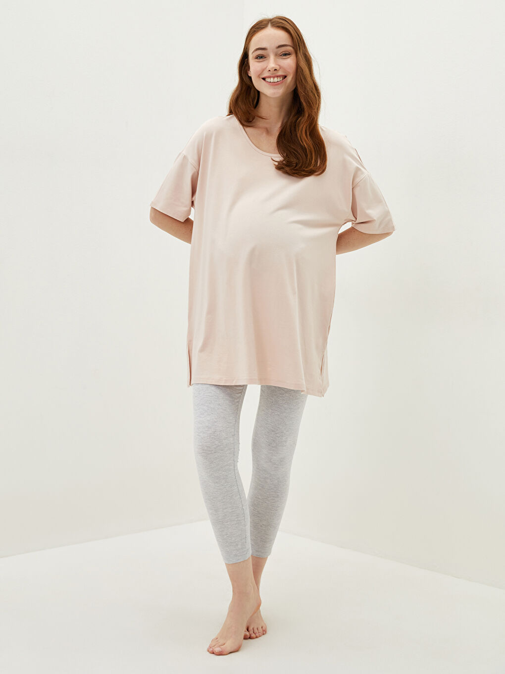LCW DREAM Pembe Bisiklet Yaka Düz Kısa Kollu Hamile Pijama Üst - 4