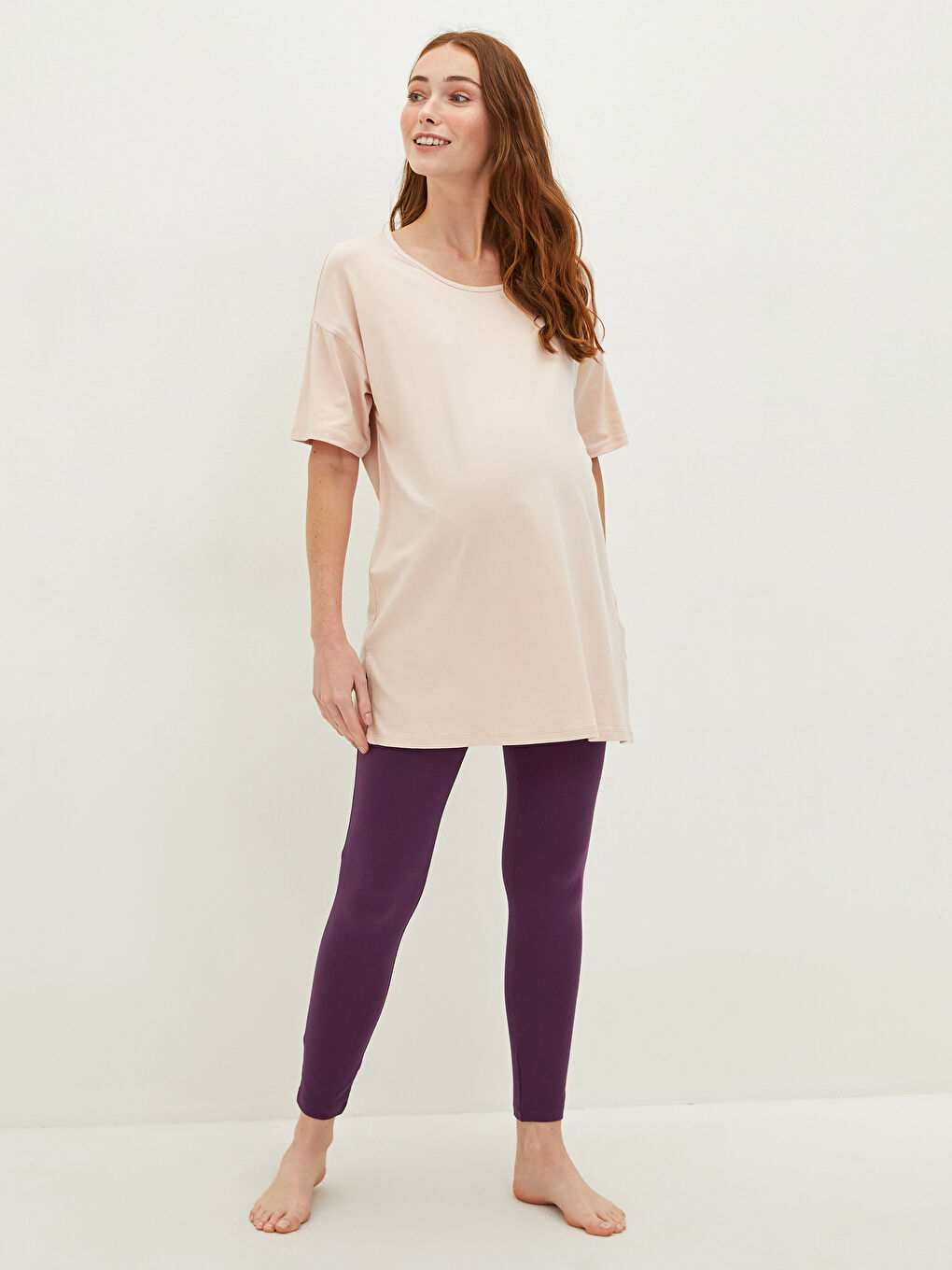 LCW DREAM Pembe Bisiklet Yaka Düz Kısa Kollu Hamile Pijama Üst - 3