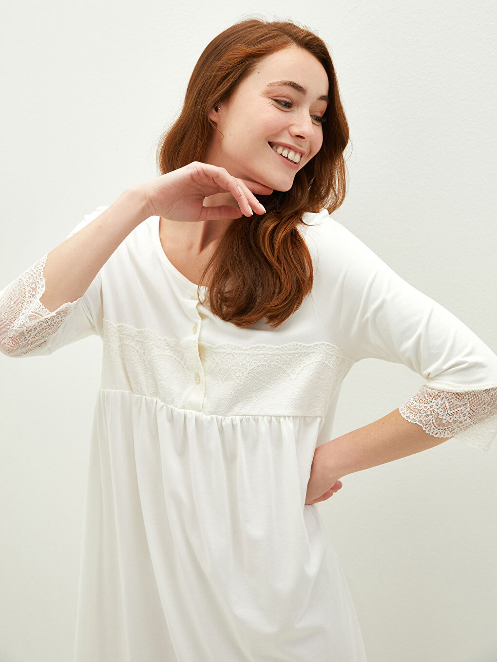 Ekru Bisiklet Yaka Nakışlı Hamile Gecelik-12