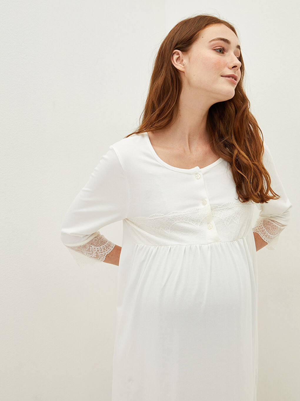 Ekru Bisiklet Yaka Nakışlı Hamile Gecelik-9