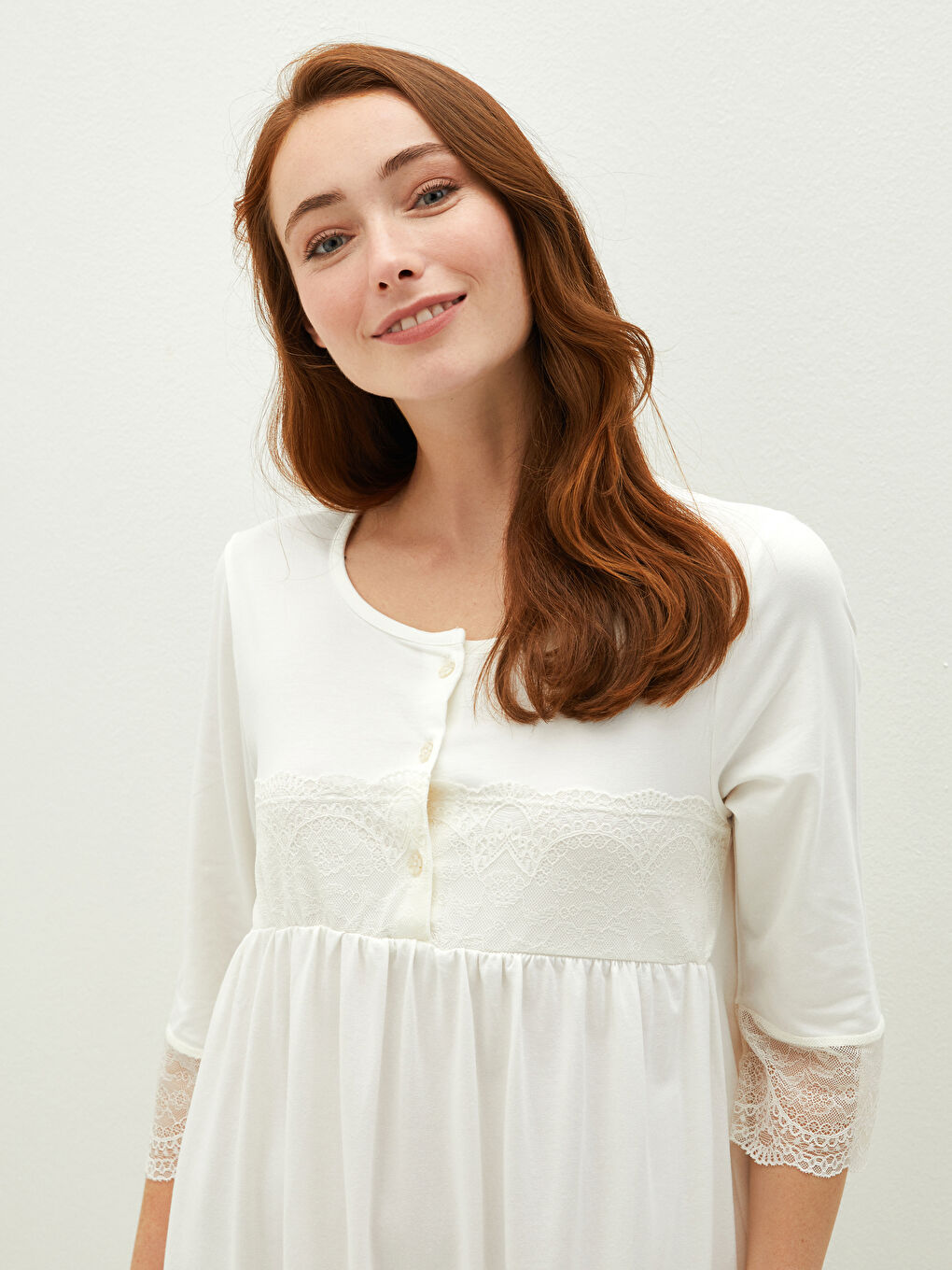 Ekru Bisiklet Yaka Nakışlı Hamile Gecelik-11