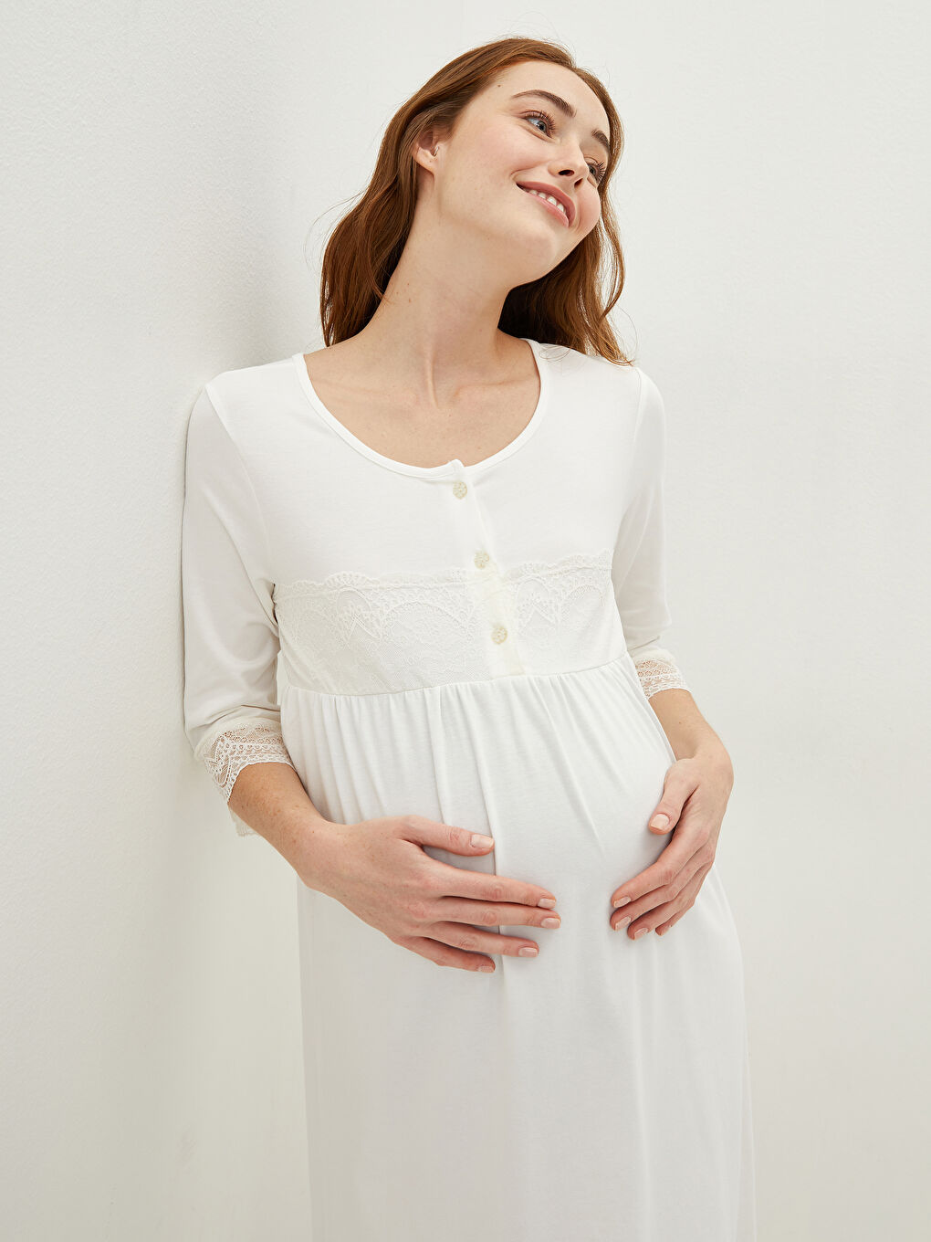 Ekru Bisiklet Yaka Nakışlı Hamile Gecelik-4