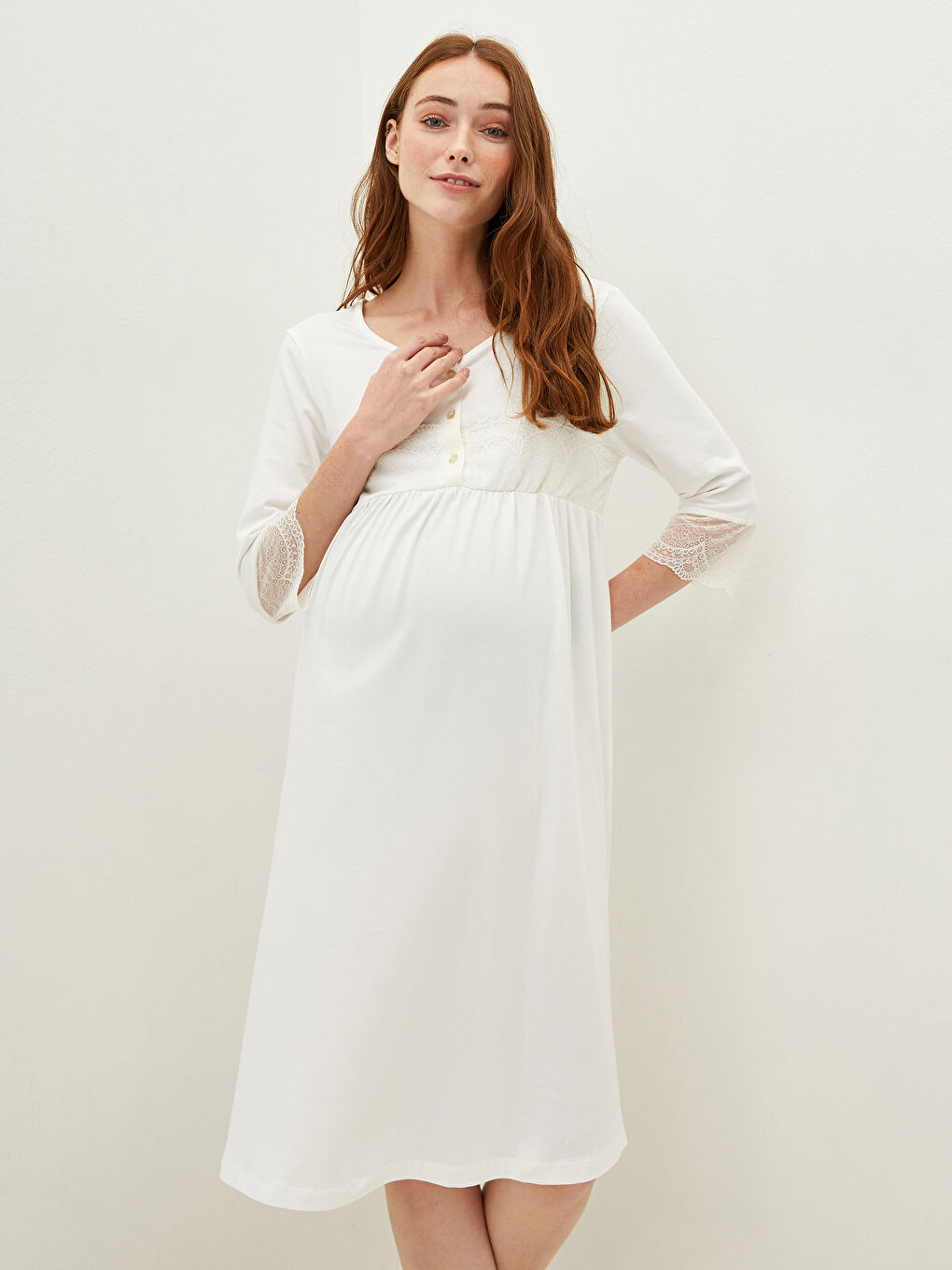 Ekru Bisiklet Yaka Nakışlı Hamile Gecelik-7