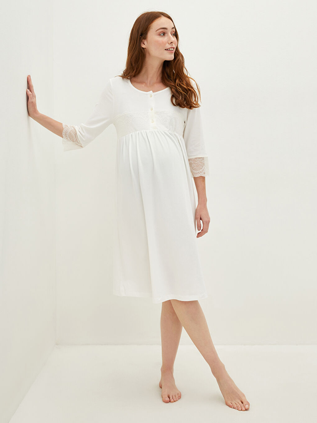 Ekru Bisiklet Yaka Nakışlı Hamile Gecelik