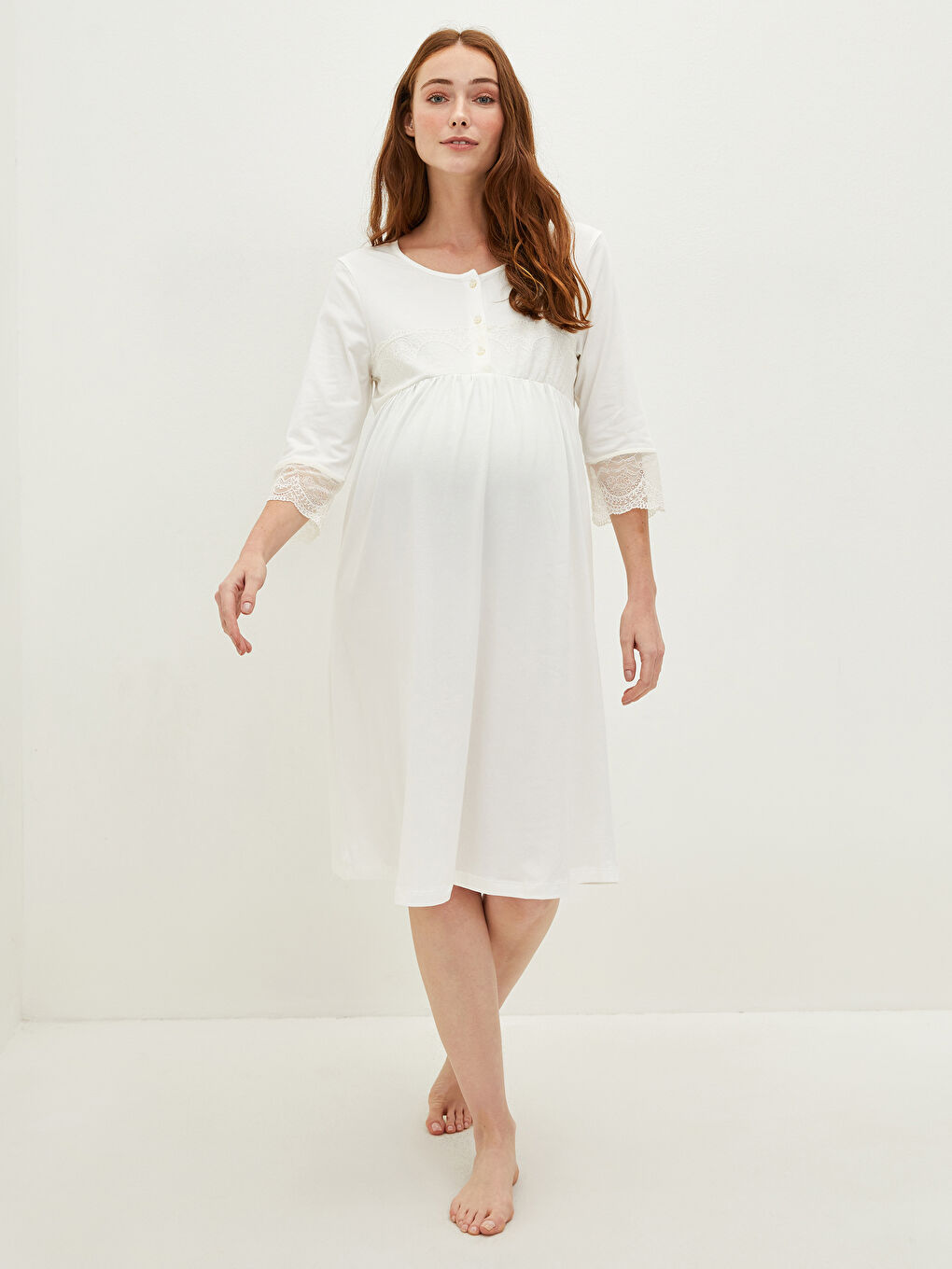 Ekru Bisiklet Yaka Nakışlı Hamile Gecelik-3