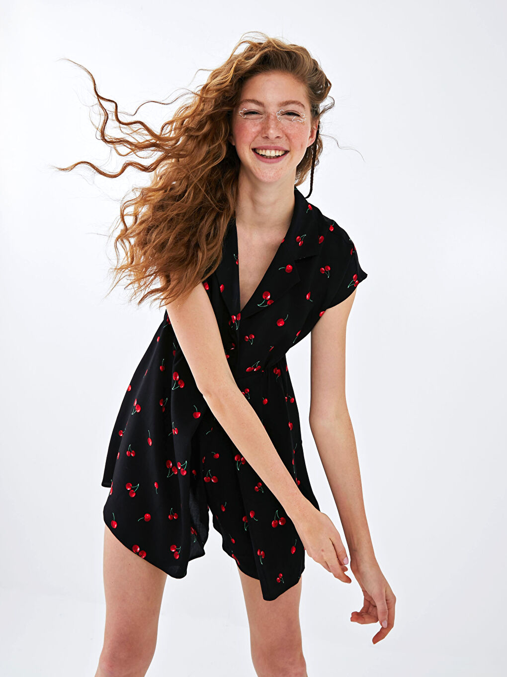 سلوبيت نسائي بياقة جاكيت مطبوع بالكرز كم قصير من الفيسكوز-2