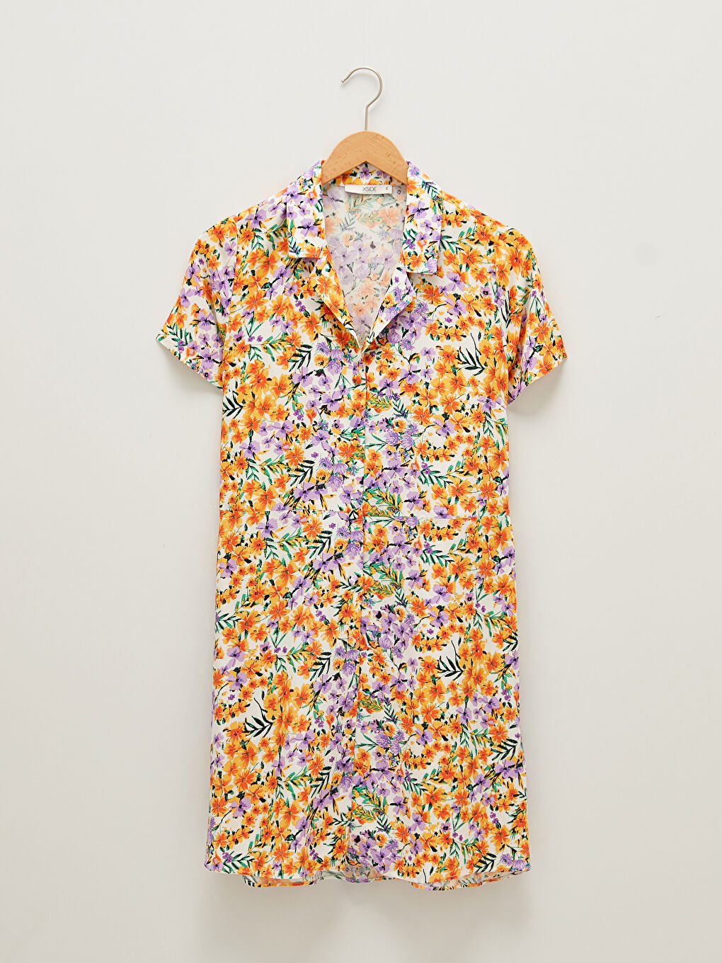 فستان نسائي بياقة قميص زهري كم قصير فسكوز-7