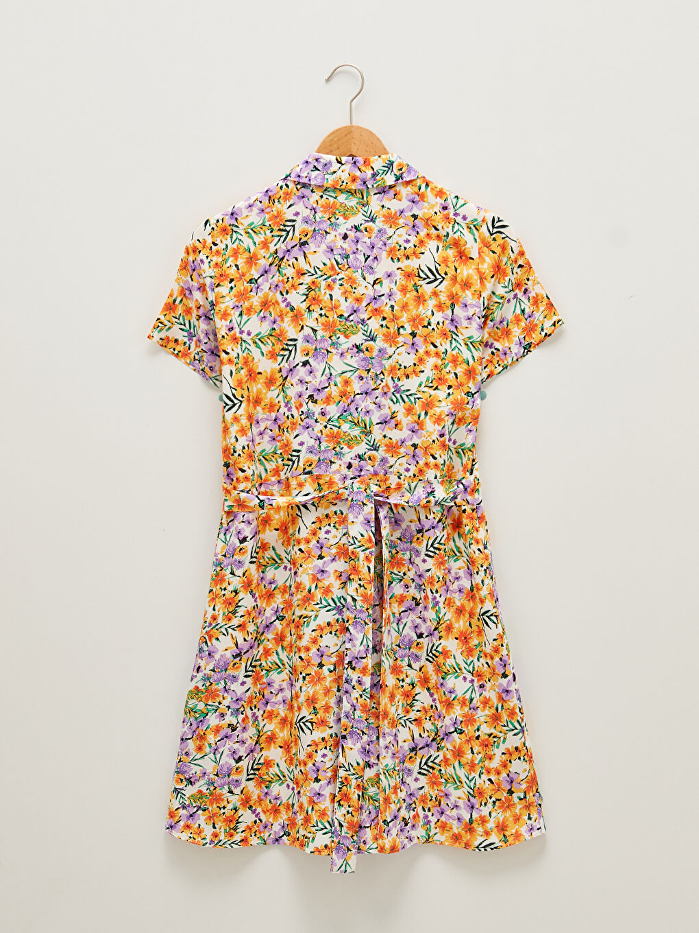 فستان نسائي بياقة قميص زهري كم قصير فسكوز-8