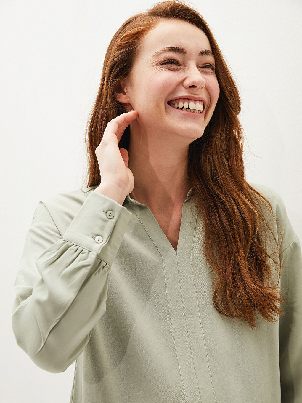 Yeşil Gömlek Yaka Düz Uzun Kollu Belmando Kumaş Hamile Elbise-2