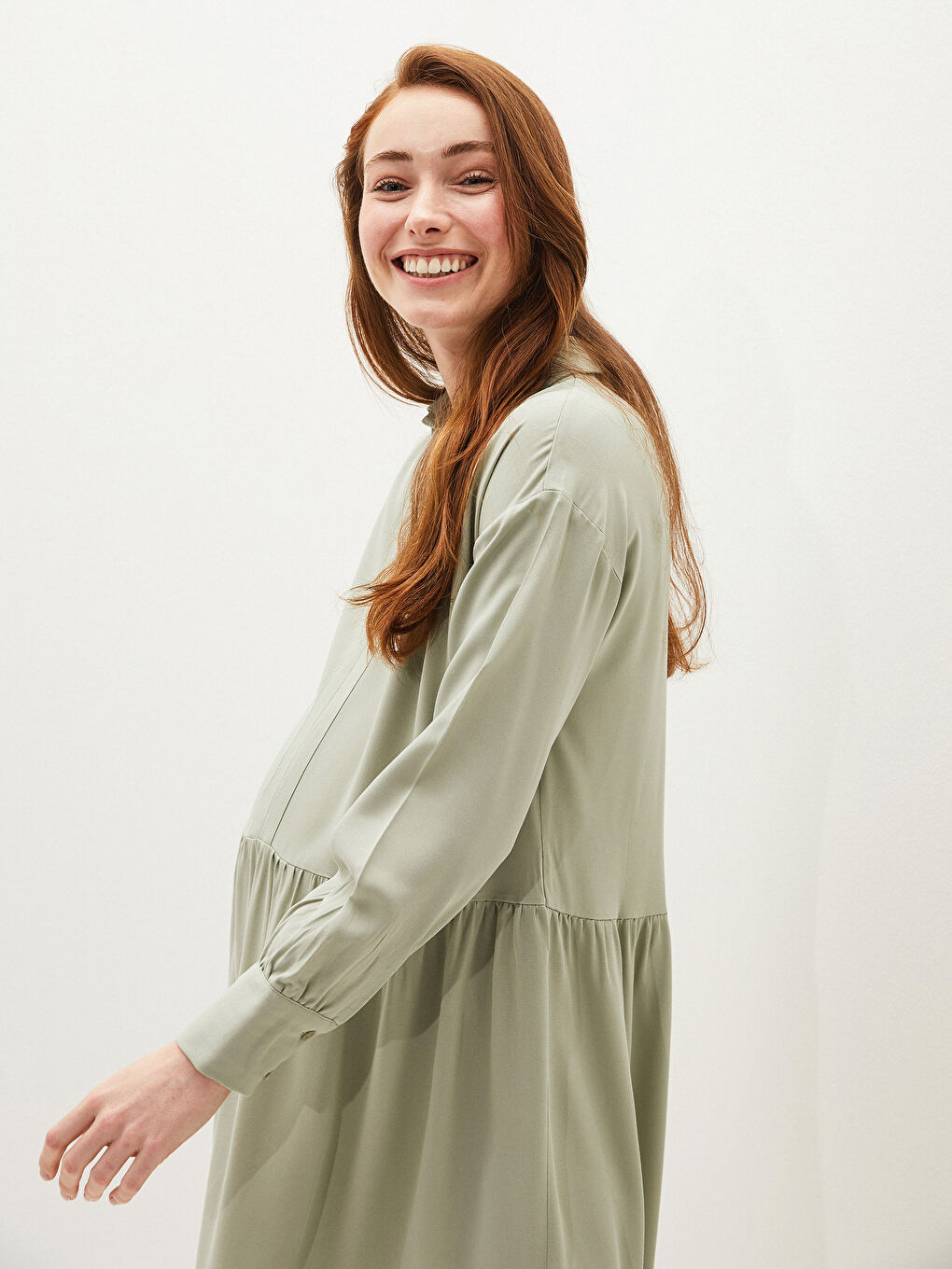 Yeşil Gömlek Yaka Düz Uzun Kollu Belmando Kumaş Hamile Elbise-3