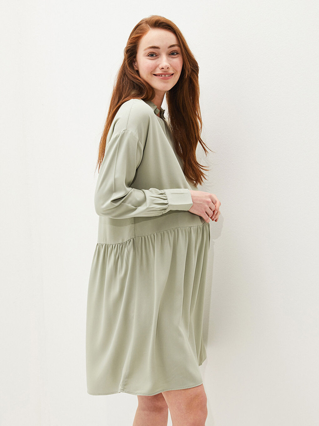 Yeşil Gömlek Yaka Düz Uzun Kollu Belmando Kumaş Hamile Elbise-4