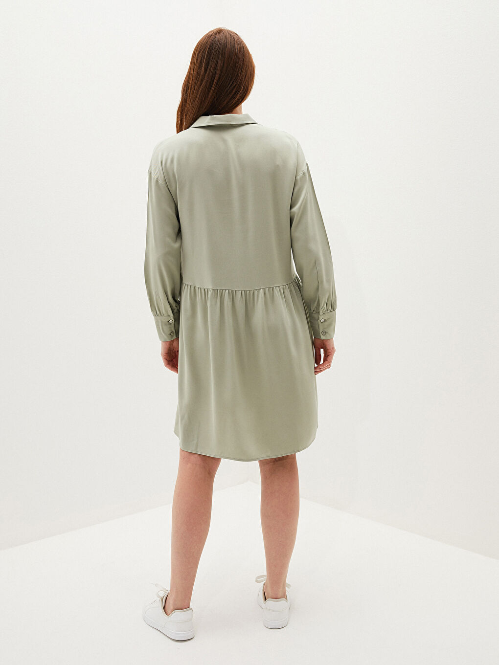 Yeşil Gömlek Yaka Düz Uzun Kollu Belmando Kumaş Hamile Elbise-5