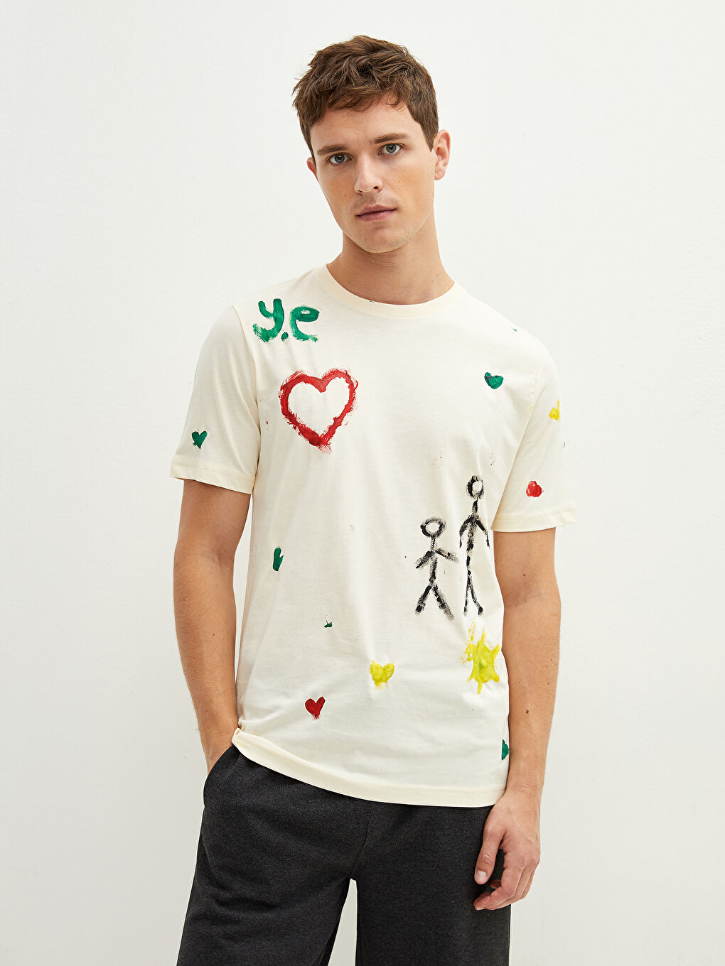 Sarı Bisiklet Yaka Kısa Kollu Basic Penye Erkek Tişört + Boya Hediyeli