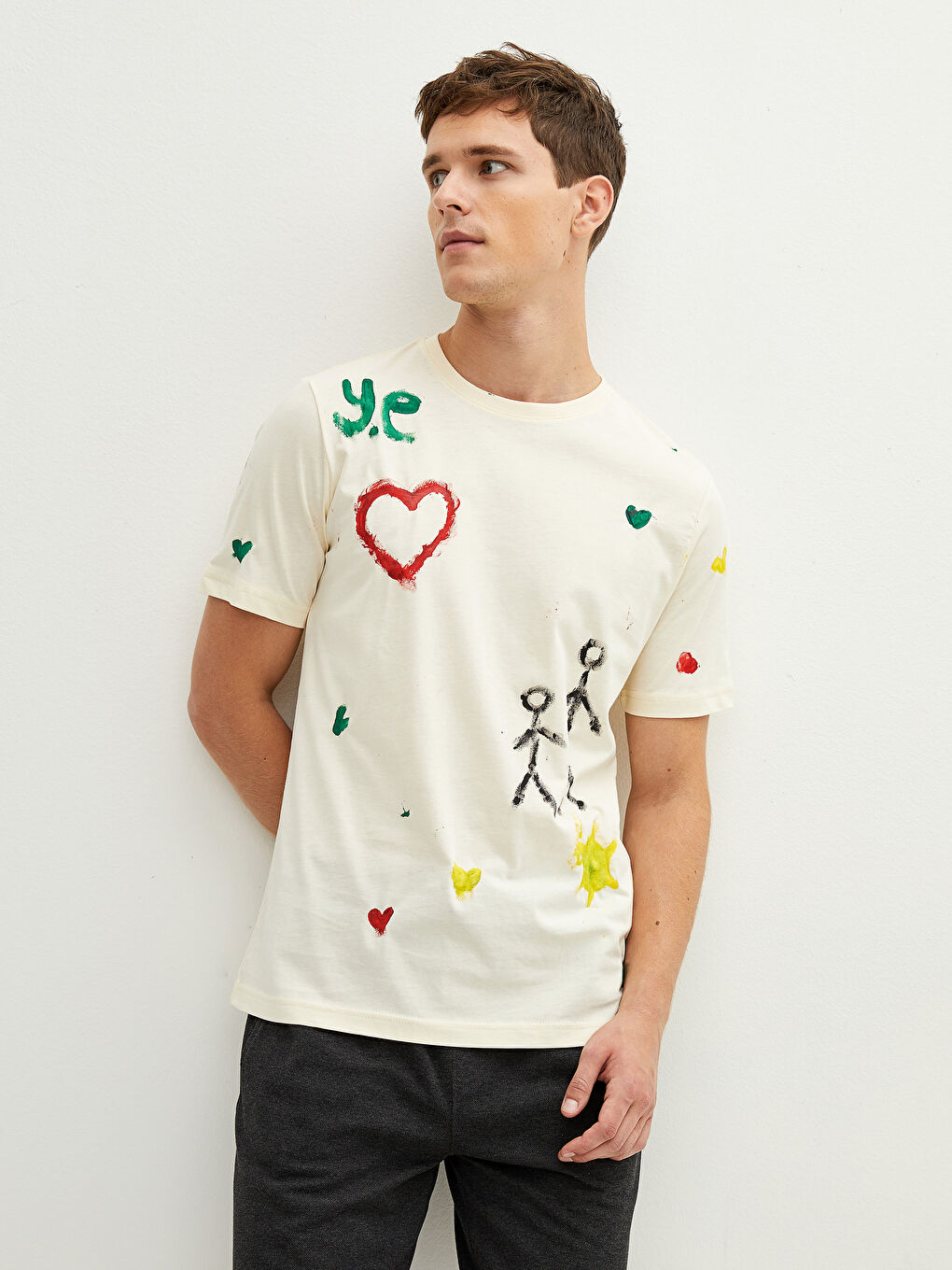 Sarı Bisiklet Yaka Kısa Kollu Basic Penye Erkek Tişört + Boya Hediyeli-1