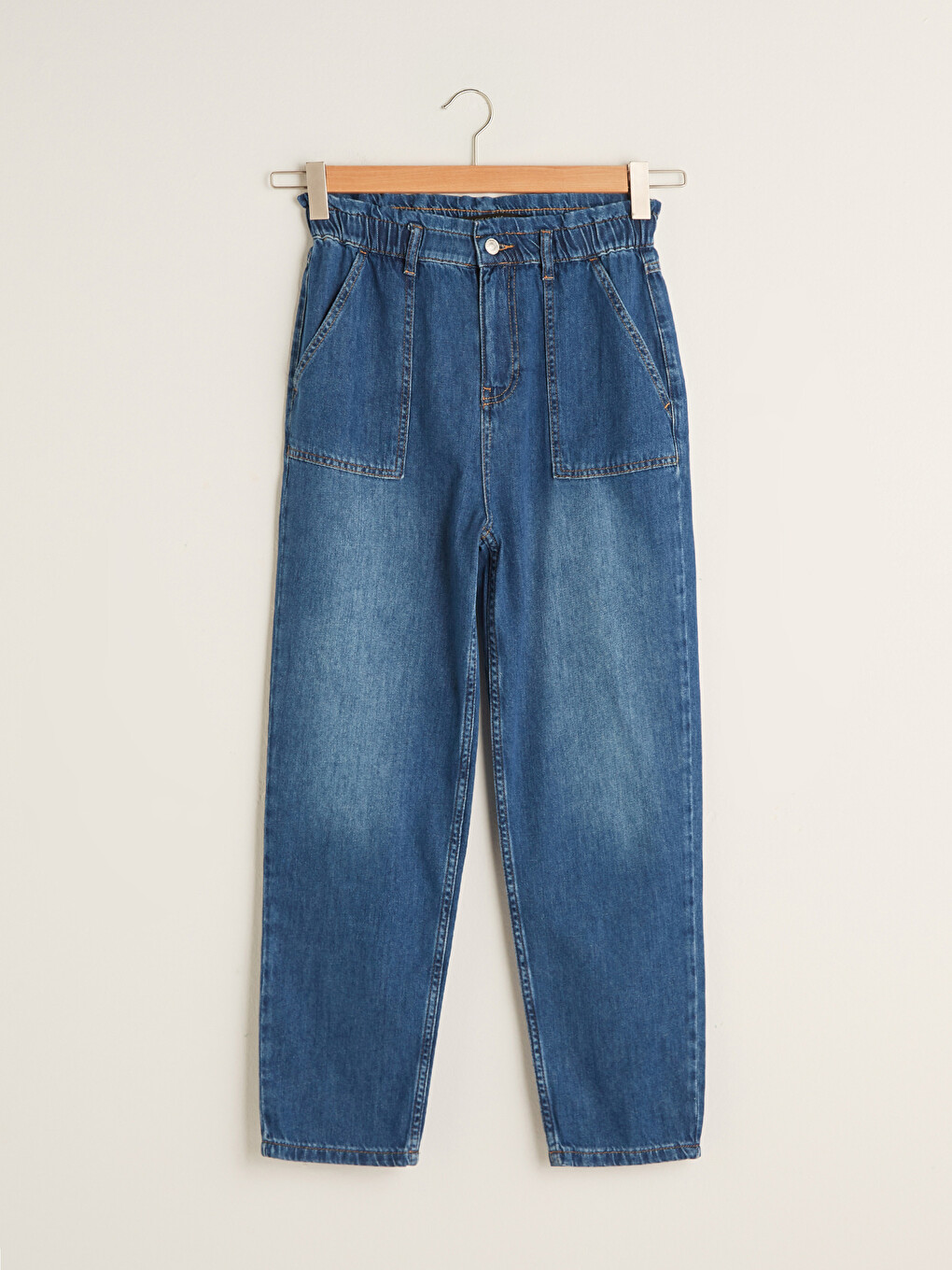 Elastic Waist Wide Fit Pocket Detailed Harem Women Jean Trousers-5