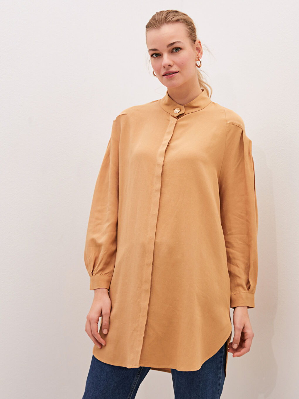 Funnel Neck Plain Long Sleeve Women's Tunic