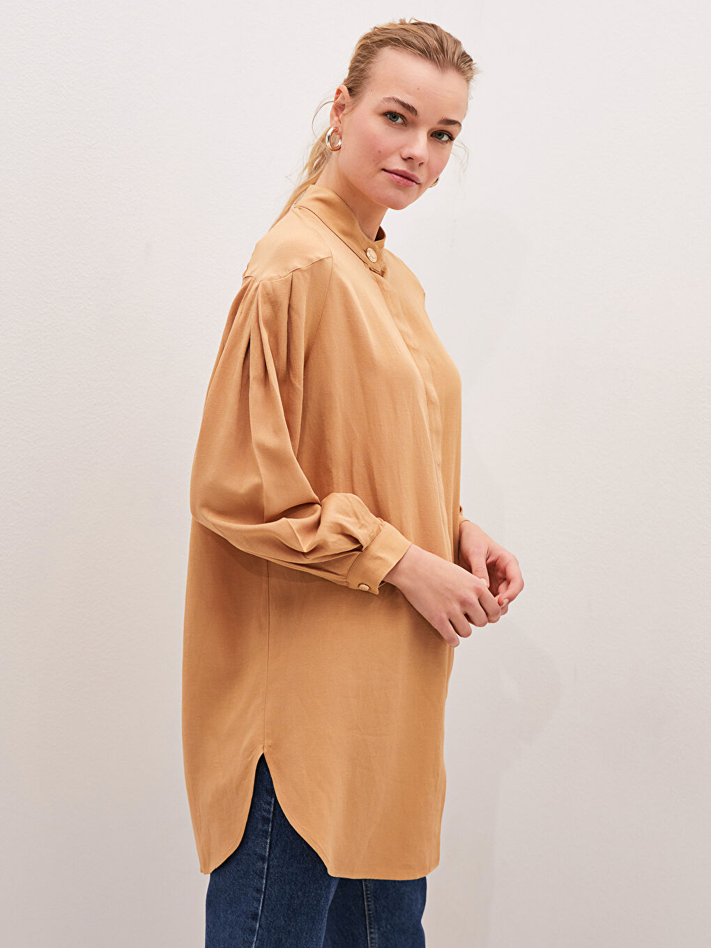 Funnel Neck Plain Long Sleeve Women's Tunic-1