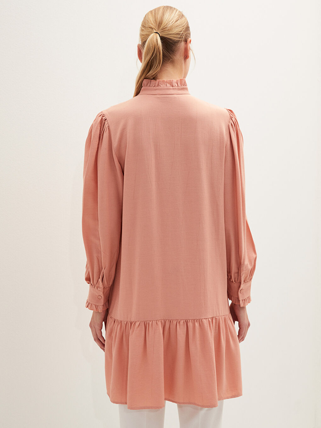 Pembe Fırfırlı Yaka Uzun Kollu Kadın Tunik-3