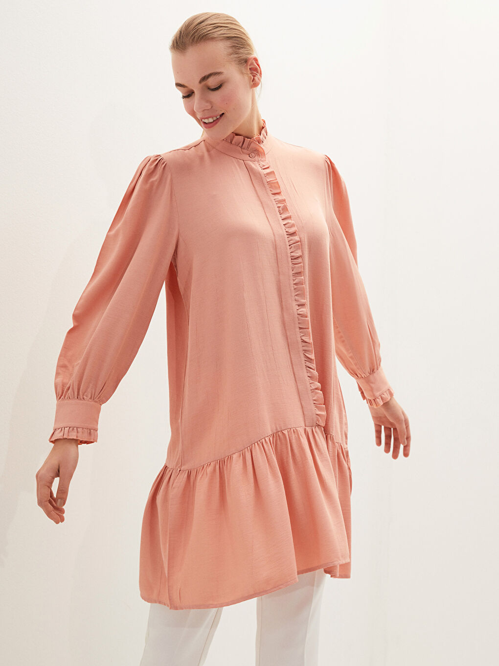 Pembe Fırfırlı Yaka Uzun Kollu Kadın Tunik-4