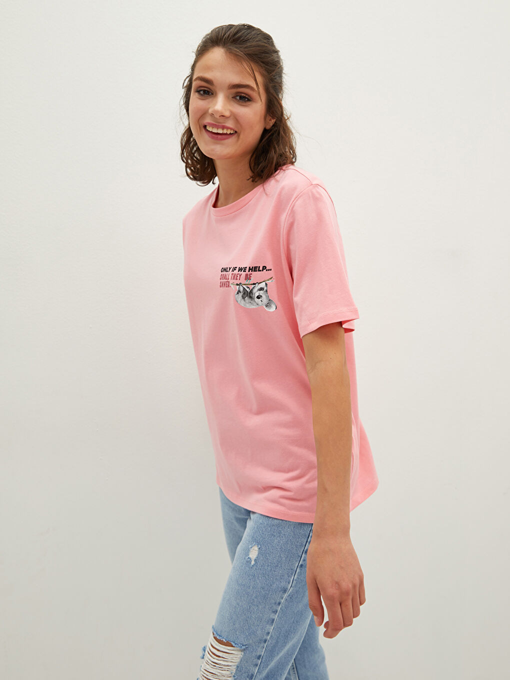 Pembe Bisiklet Yaka Baskılı Kısa Kollu Kadın Tişört-2