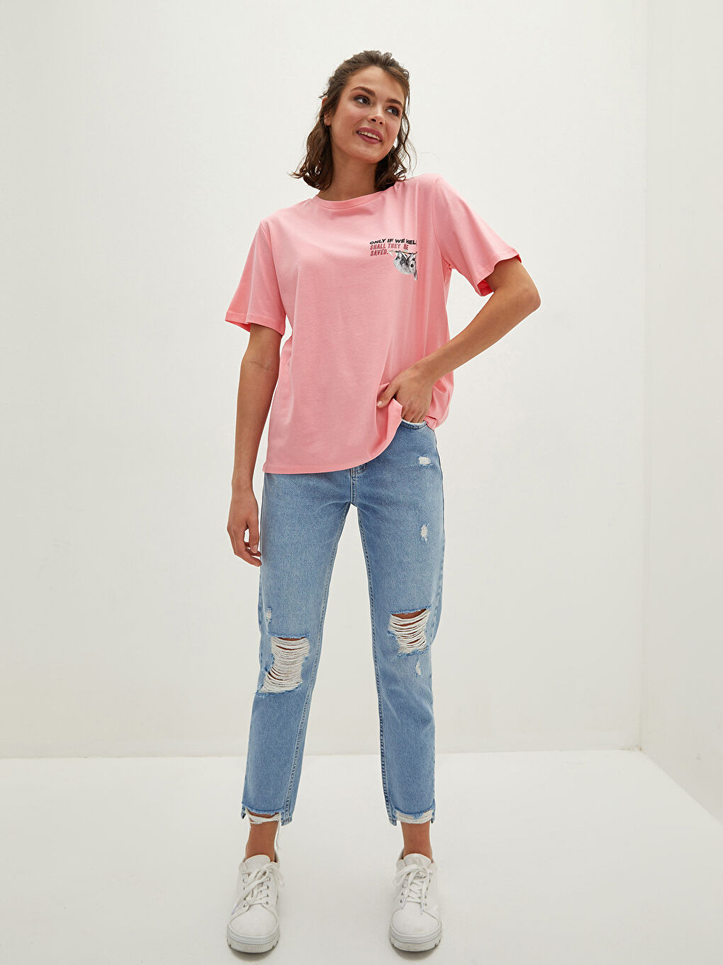 Pembe Bisiklet Yaka Baskılı Kısa Kollu Kadın Tişört-4