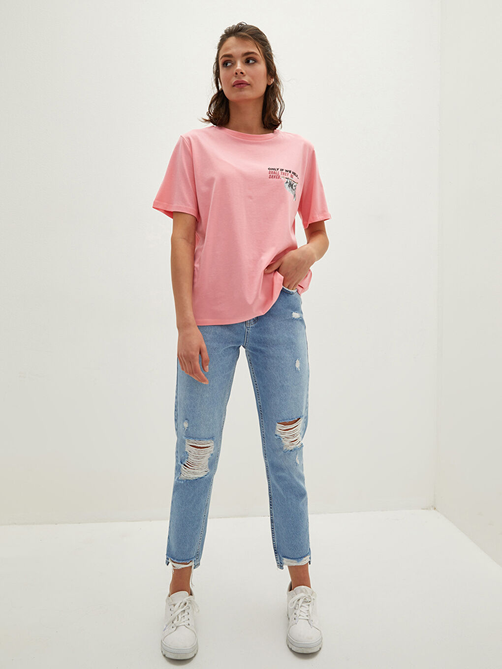 Pembe Bisiklet Yaka Baskılı Kısa Kollu Kadın Tişört-5