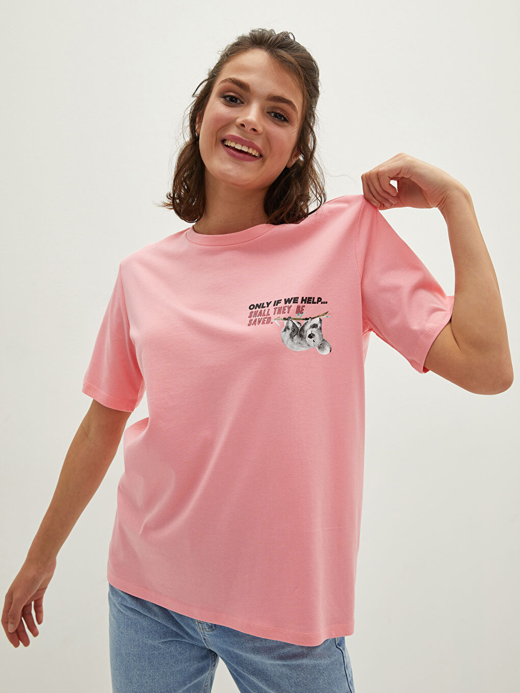 Pembe Bisiklet Yaka Baskılı Kısa Kollu Kadın Tişört-1