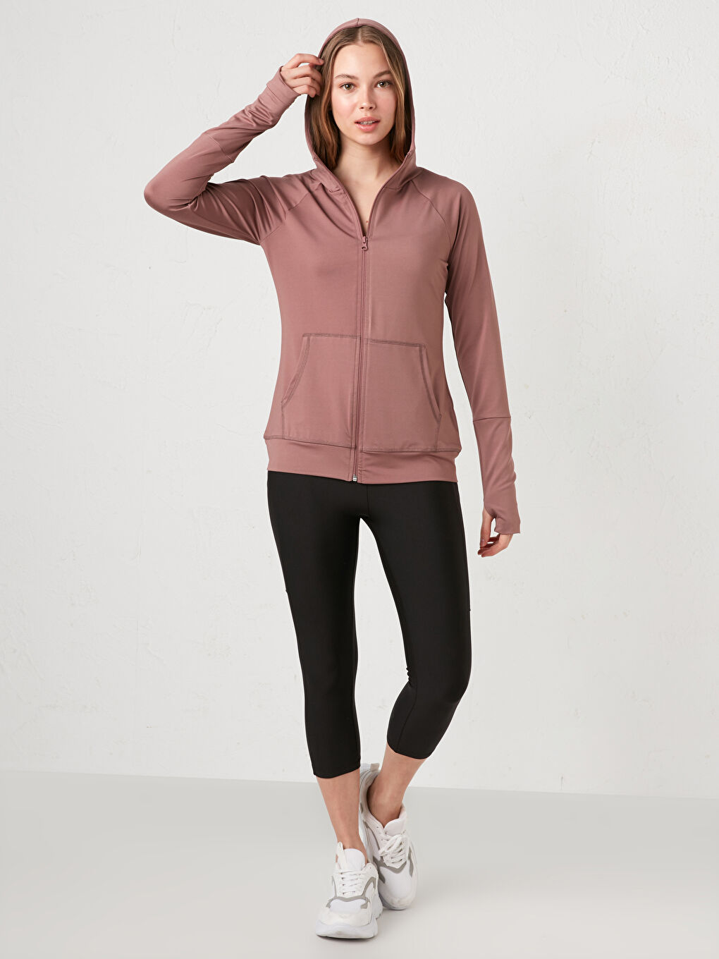 Pembe Kapüşon Yaka Düz Uzun Kollu Cep Detaylı Kadın Spor Hırka-2